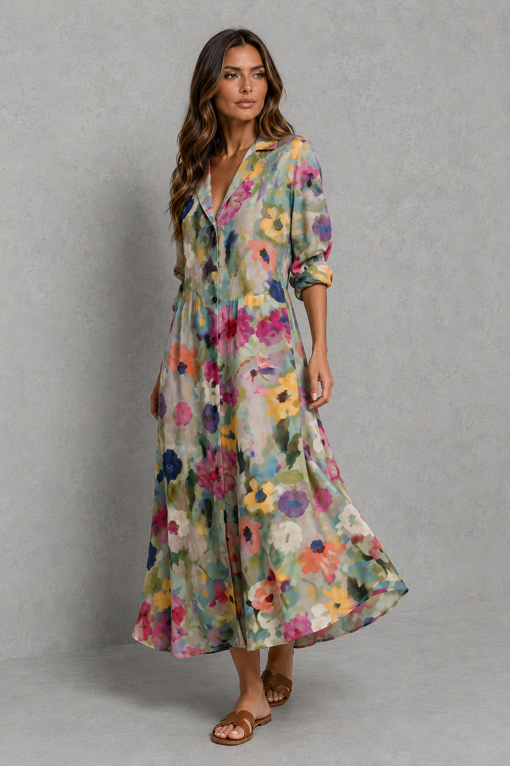 Womenโs printed shirt dress with button-front design, soft collar, relaxed flowing fit and artistic all-over print.