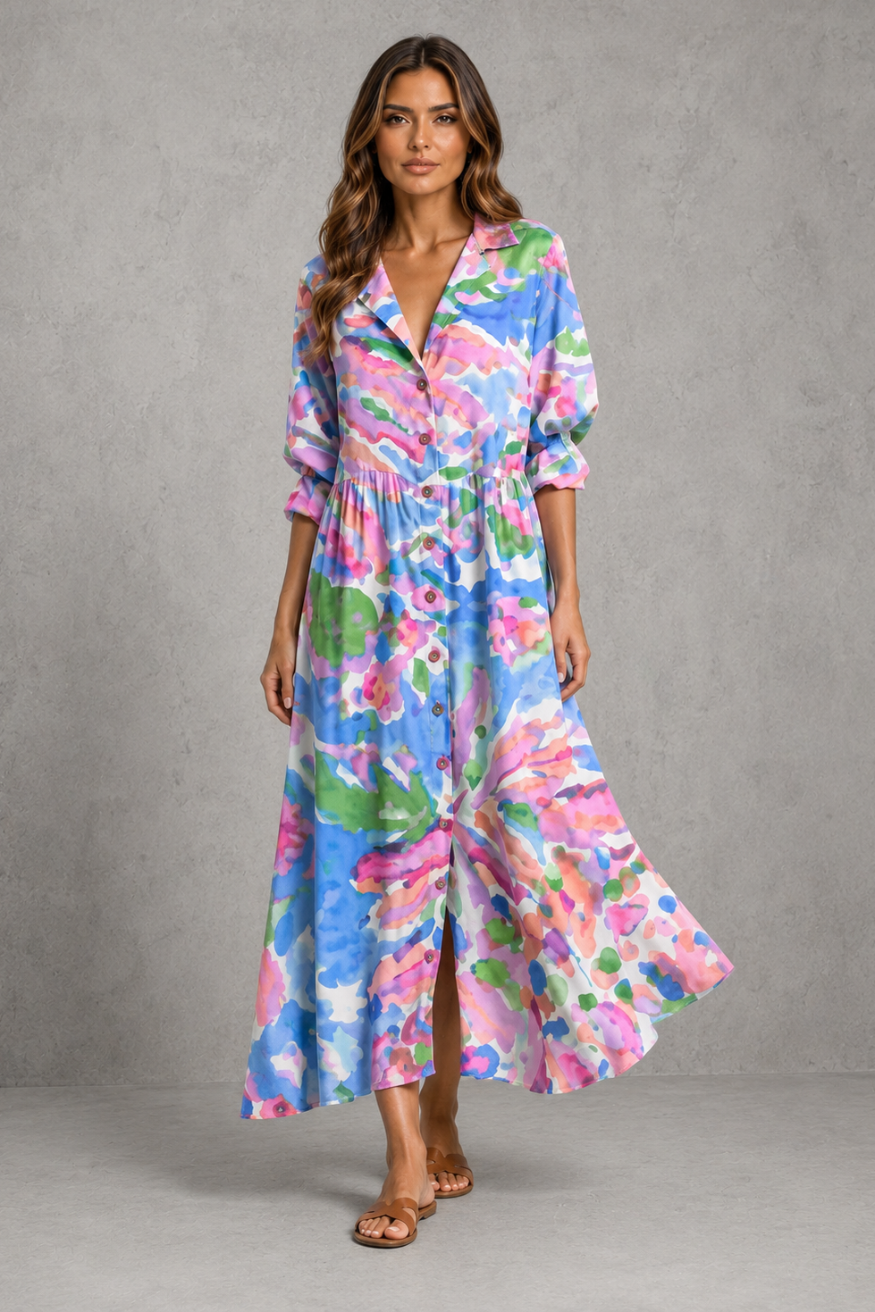 Womenโs printed shirt dress with button-front design, soft collar, relaxed flowing fit and artistic all-over print.