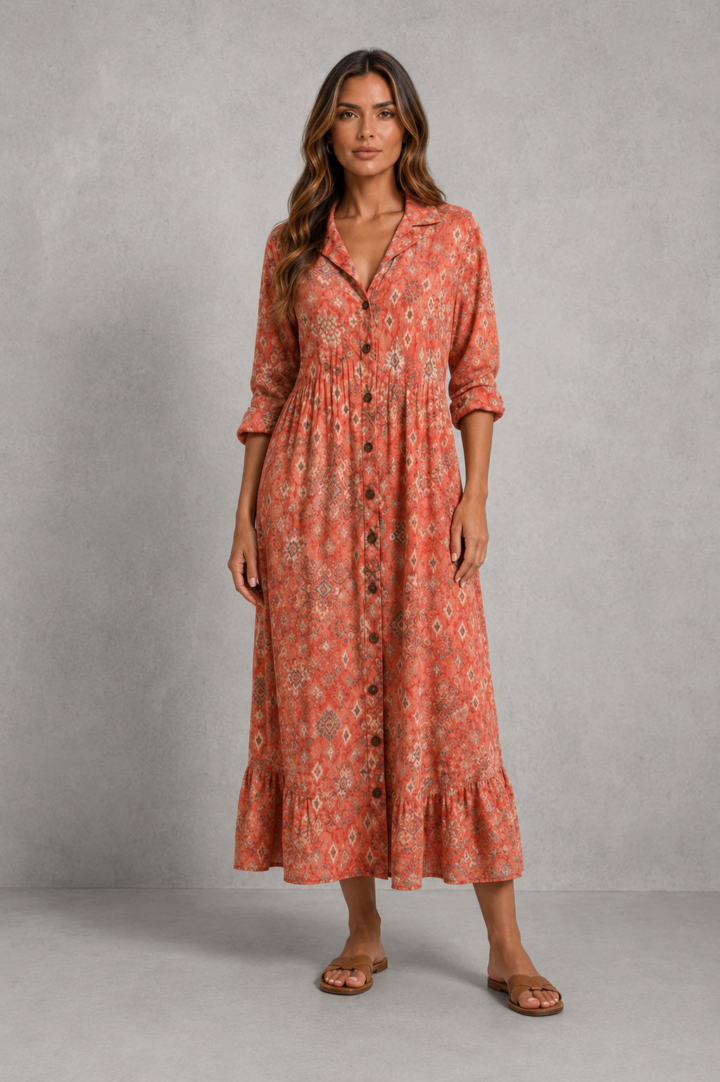 Womenโs printed shirt dress with button-front design, soft collar, relaxed flowing fit and artistic all-over print.