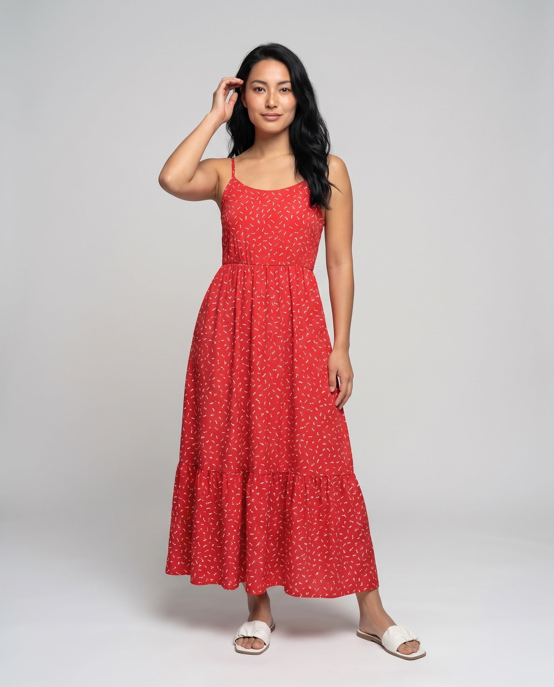 Women’s printed strappy summer midi dress with a flowy silhouette, elastic waist, and lightweight fabric, perfect for casual outings, holidays, and warm-weather occasions.