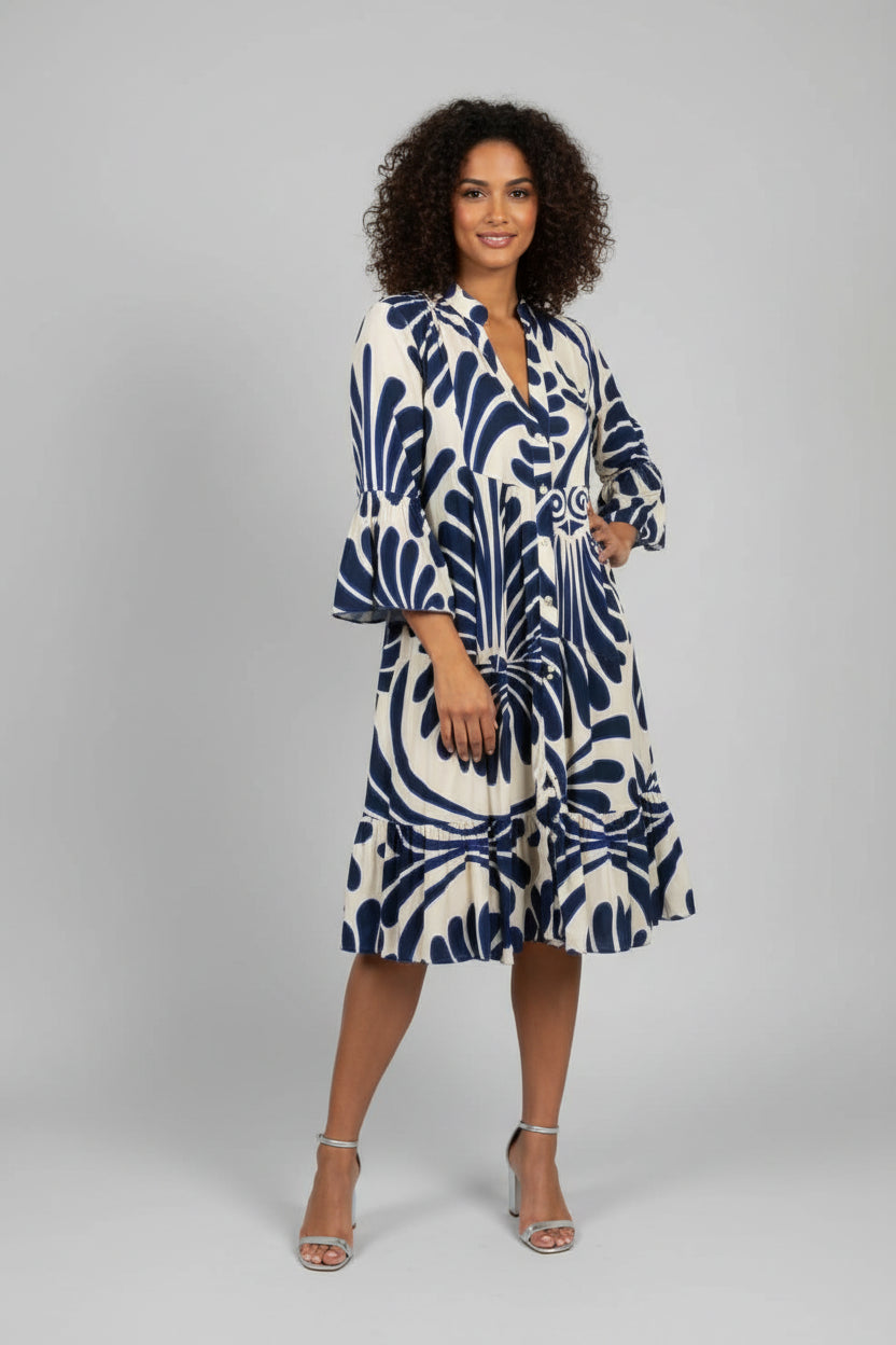 Women’s printed V-neck midi dress made from lightweight polyester blend fabric