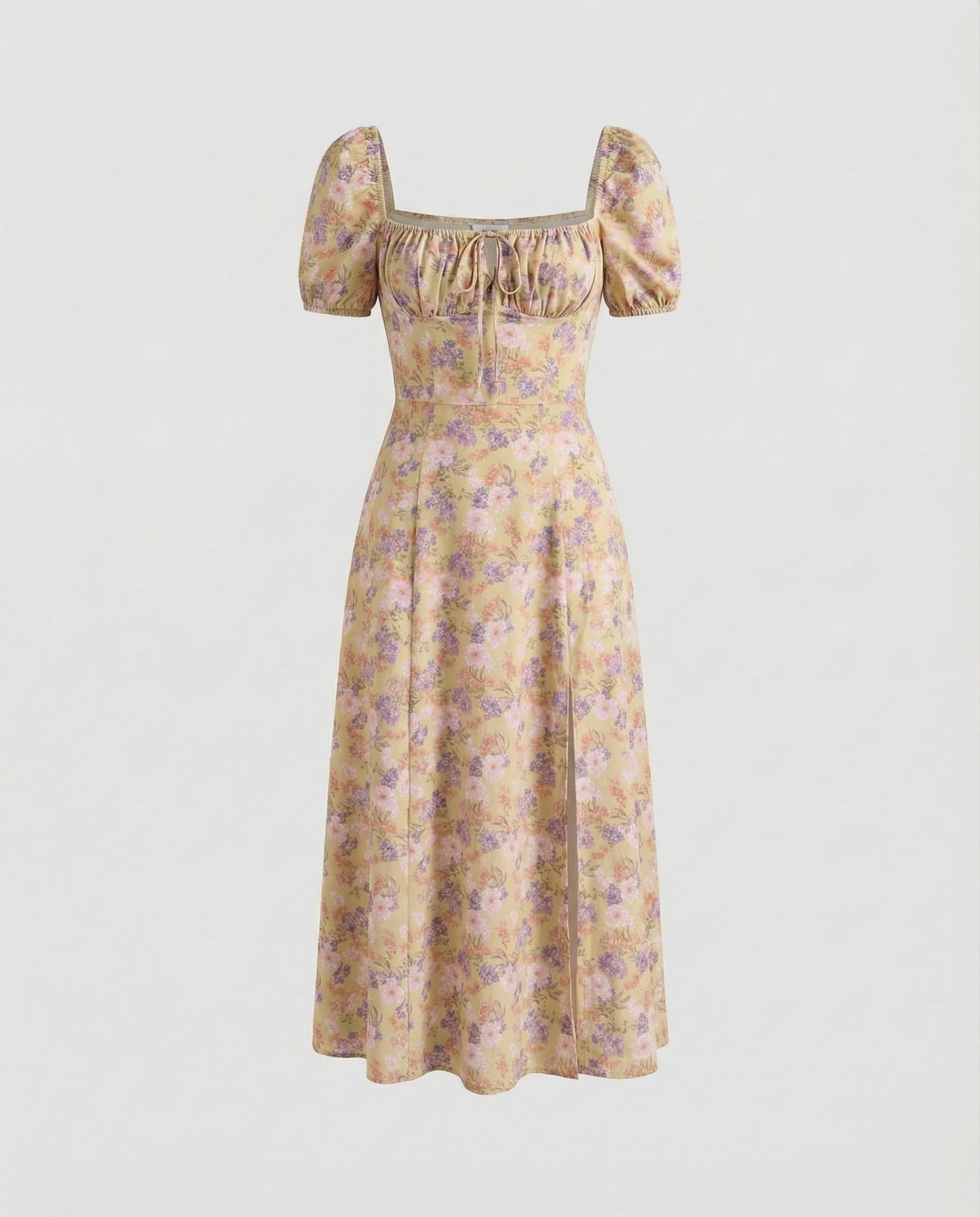 Women’s puff sleeve midi dress with square neckline and A-line skirt