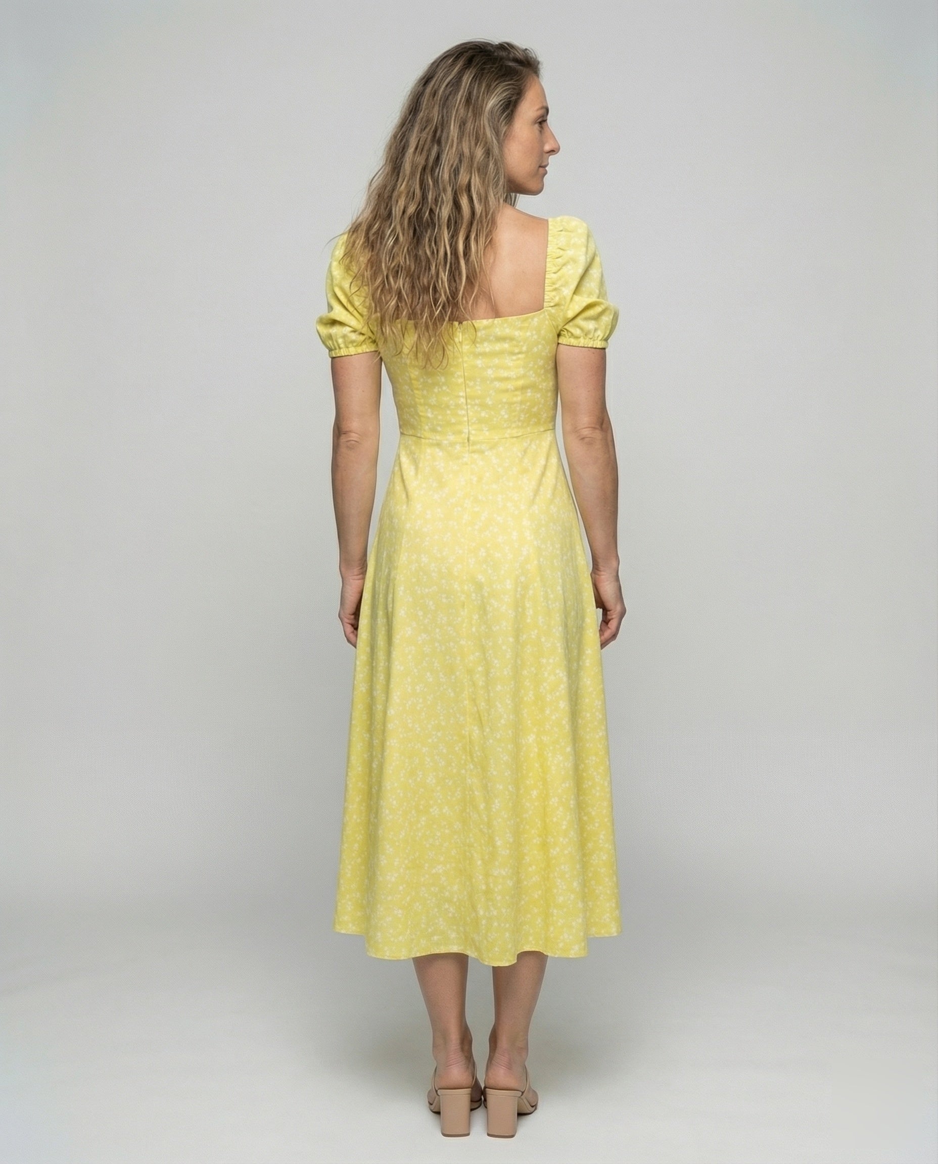 Women’s puff sleeve midi dress with square neckline and A-line skirt