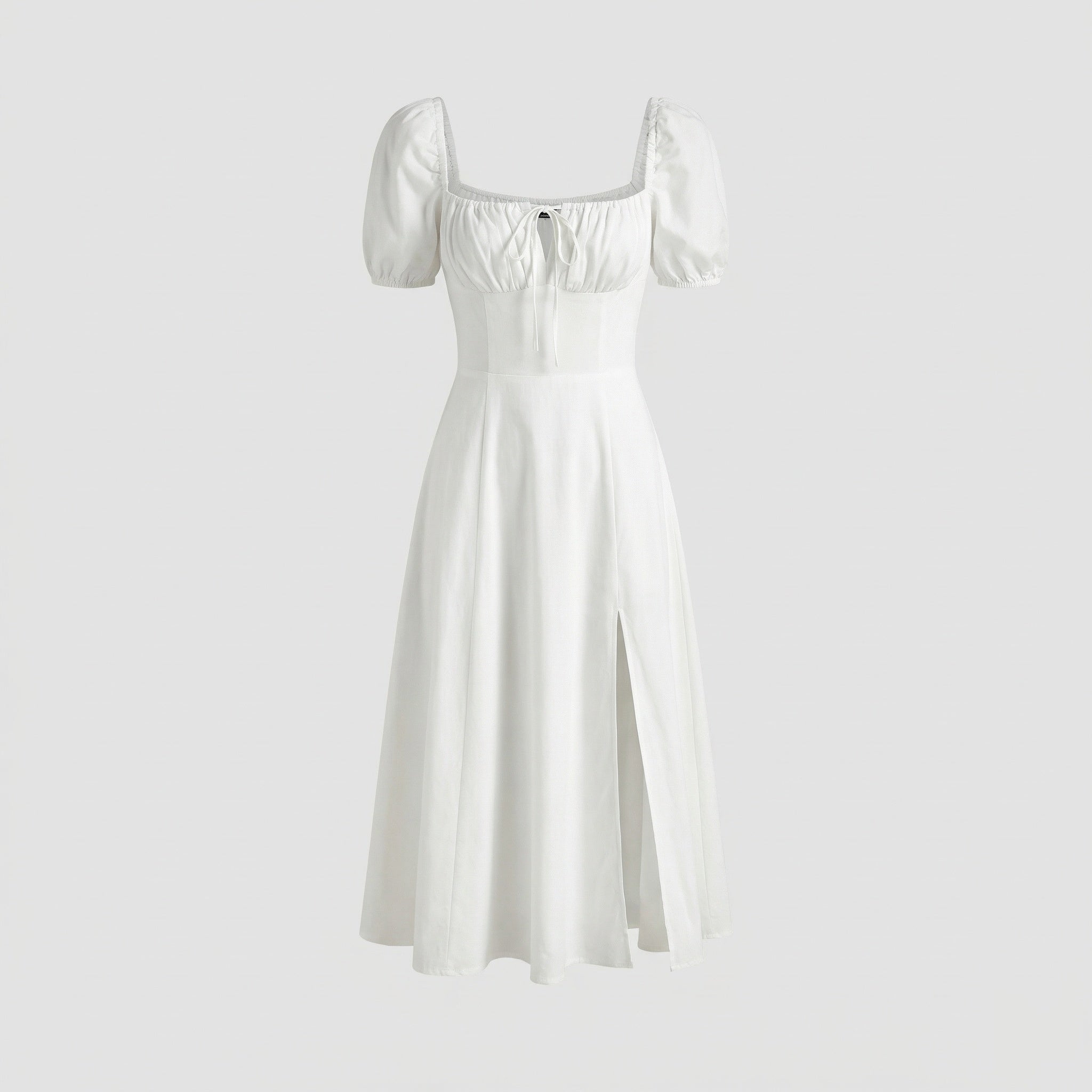 Women’s puff sleeve midi dress with square neckline and A-line skirt