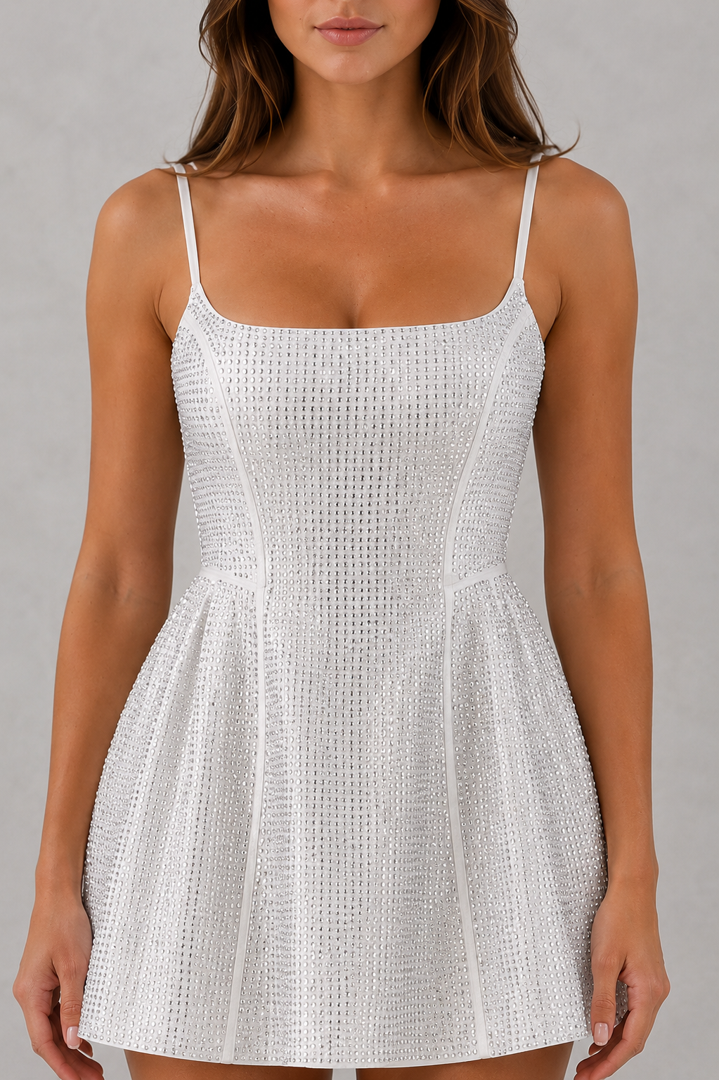 Women's rhinestone satin mini dress featuring a square neckline, structured fitted bodice, adjustable straps, lace-up back, and voluminous bubble skirt. Crafted from premium satin with all-over sparkling hotfix rhinestone embellishments for parties, cocktail events, and special occasions.
