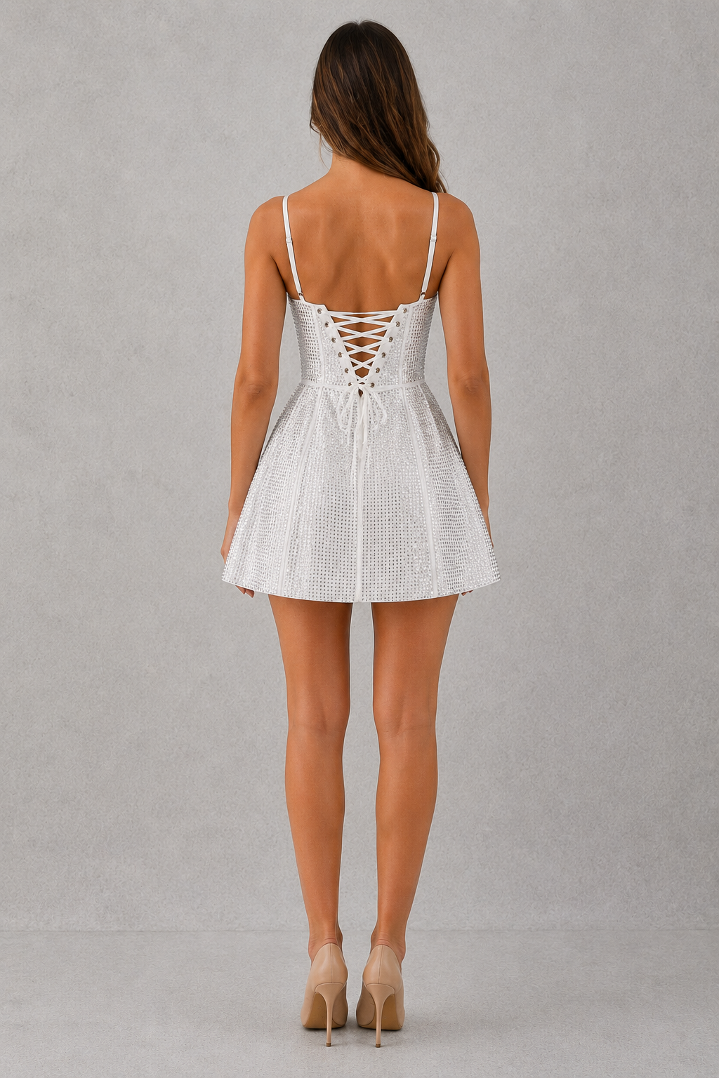 Women's rhinestone satin mini dress featuring a square neckline, structured fitted bodice, adjustable straps, lace-up back, and voluminous bubble skirt. Crafted from premium satin with all-over sparkling hotfix rhinestone embellishments for parties, cocktail events, and special occasions.