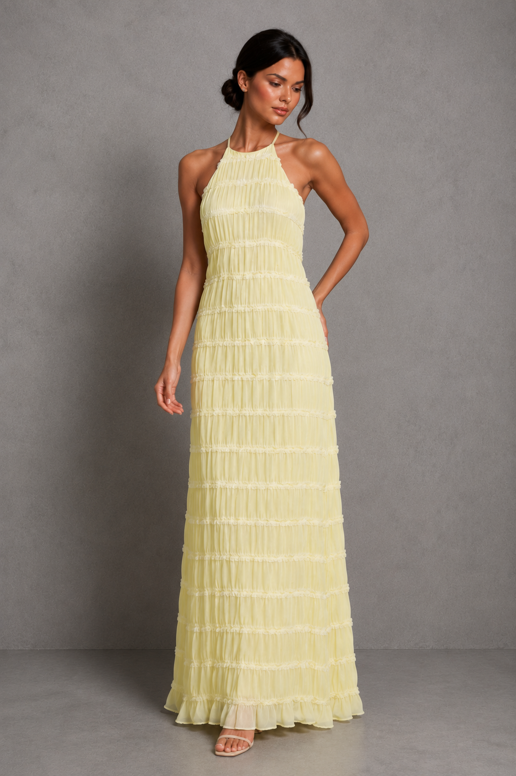 Women's ruched smocked maxi dress with a stretchy bodice, adjustable tie detail and flowing silhouette, perfect for holidays, garden parties, brunch and summer occasions.