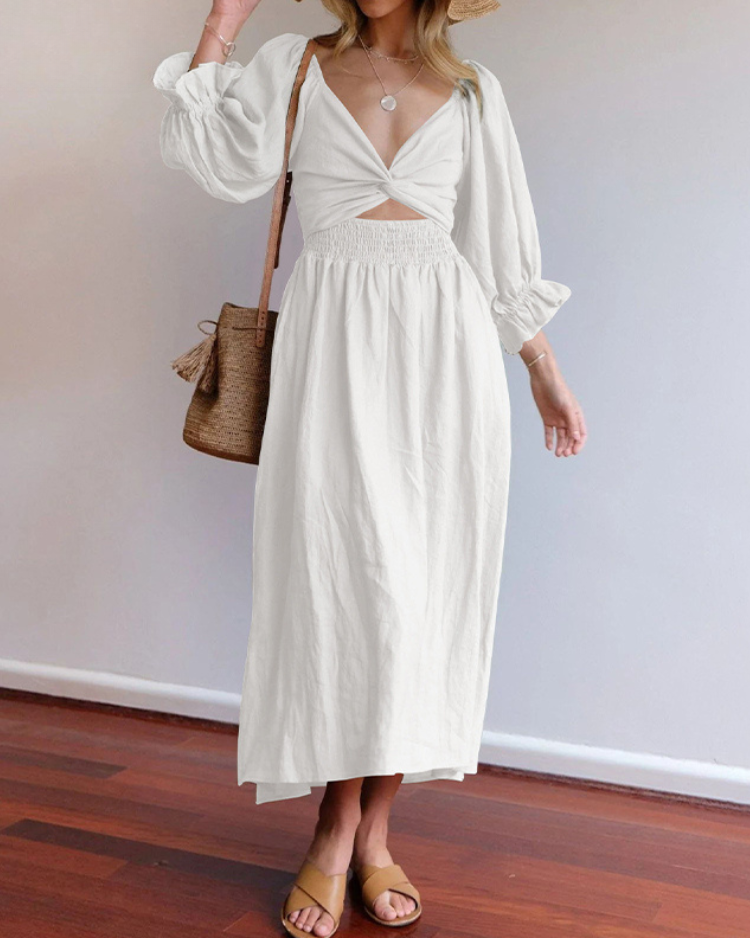 Women wearing midi dress with French ruffle sleeves and side cutout detail in slim fit silhouette