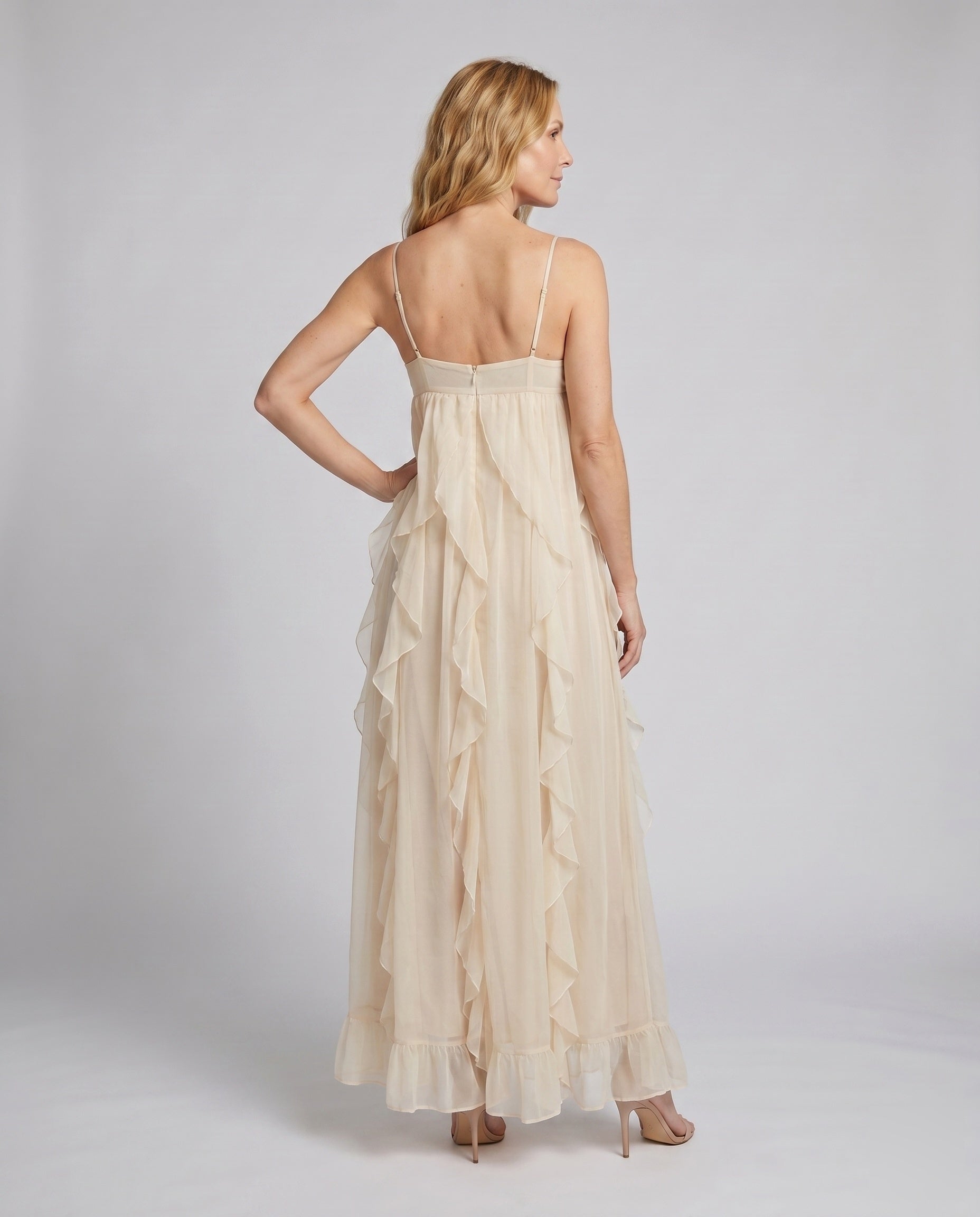Women’s ruffle V-neck strappy maxi dress featuring a lightweight flowy silhouette, adjustable shoulder straps, and elegant ruffle details, designed for comfortable warm-weather wear, holidays, casual outings, and special occasions.