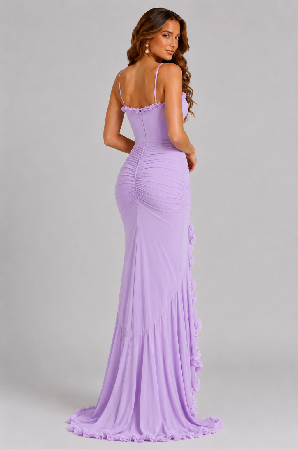 Women’s Ruffle Split Maxi Dress – Elegant Spaghetti Strap Evening Gown