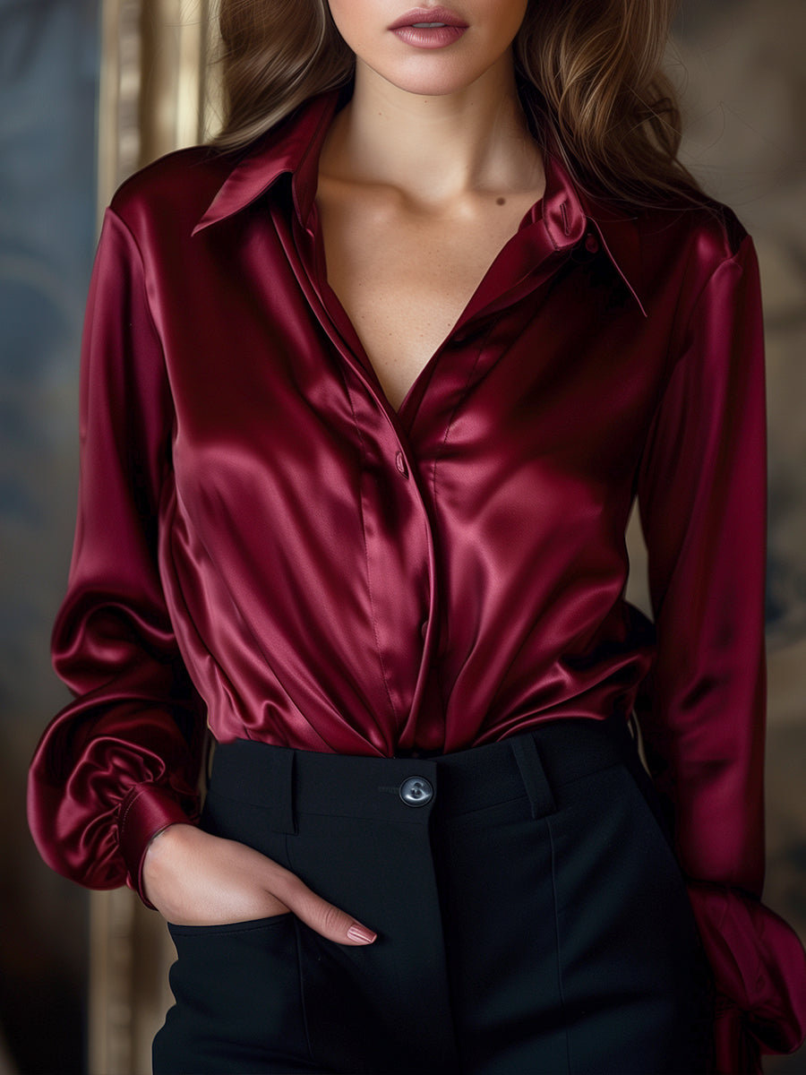 Women's satin blouse with lapel collar and relaxed fit