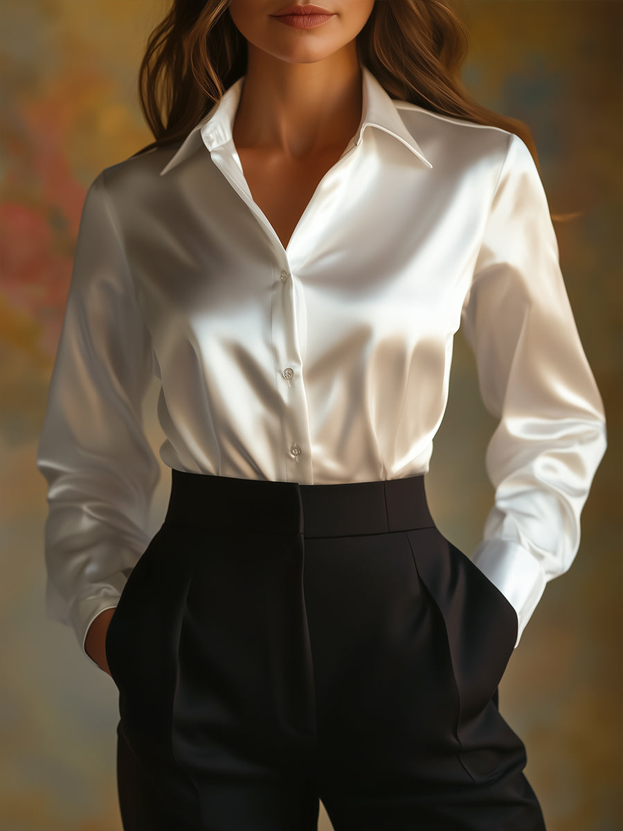 Women's satin blouse with lapel collar and relaxed fit