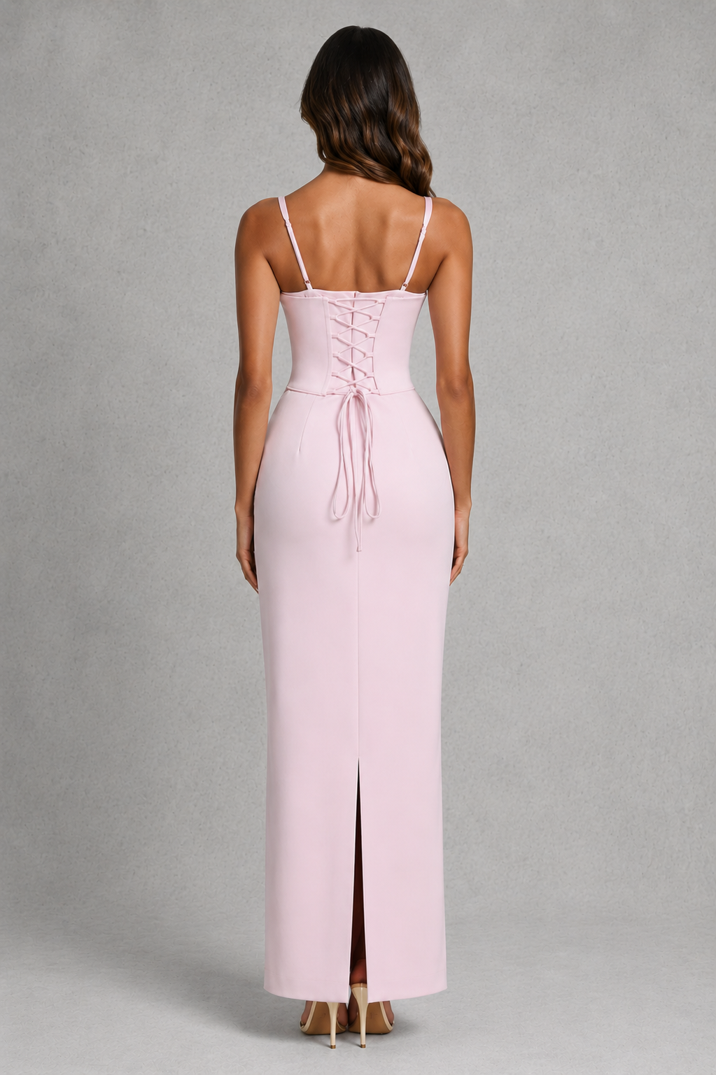 Women's satin corset maxi evening gown featuring lace-trimmed cups, structured boned bodice, bias-cut silhouette, and a flowing full-length skirt for elegant formal occasions.