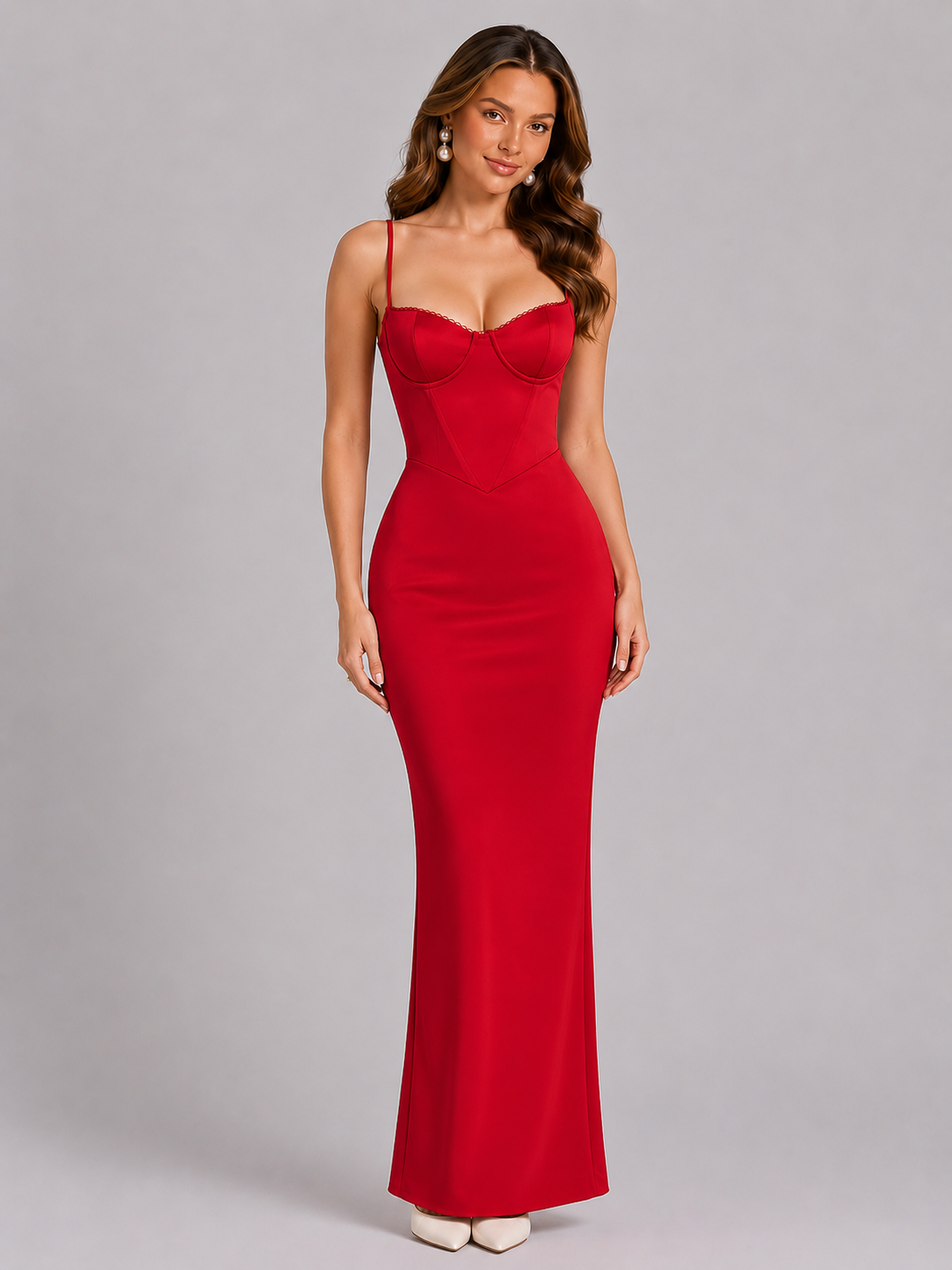 Women’s Satin Corset Gown with Lace Trim Detail - Sculpted Elegant Fit