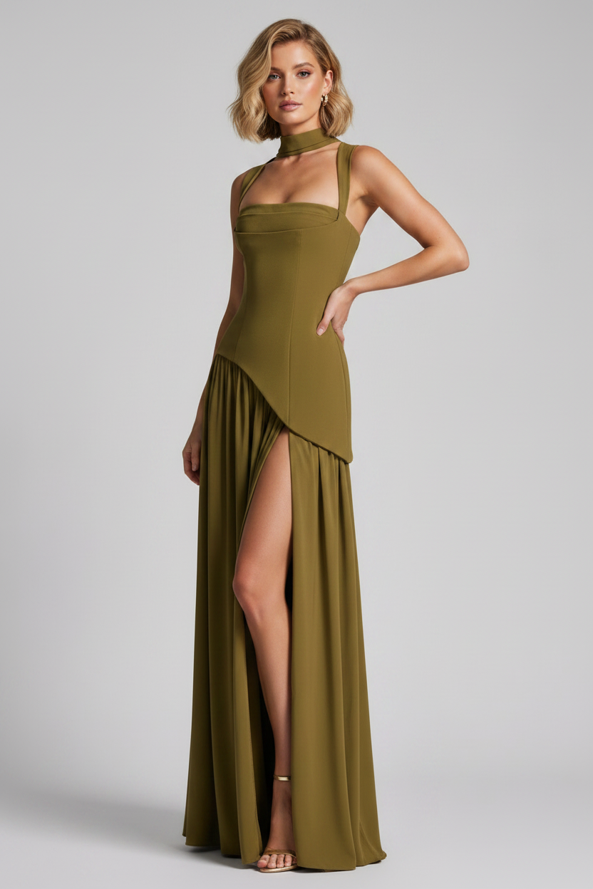 Women’s Satin Feel Evening Draped Maxi Dress - Sculpted Silhouette