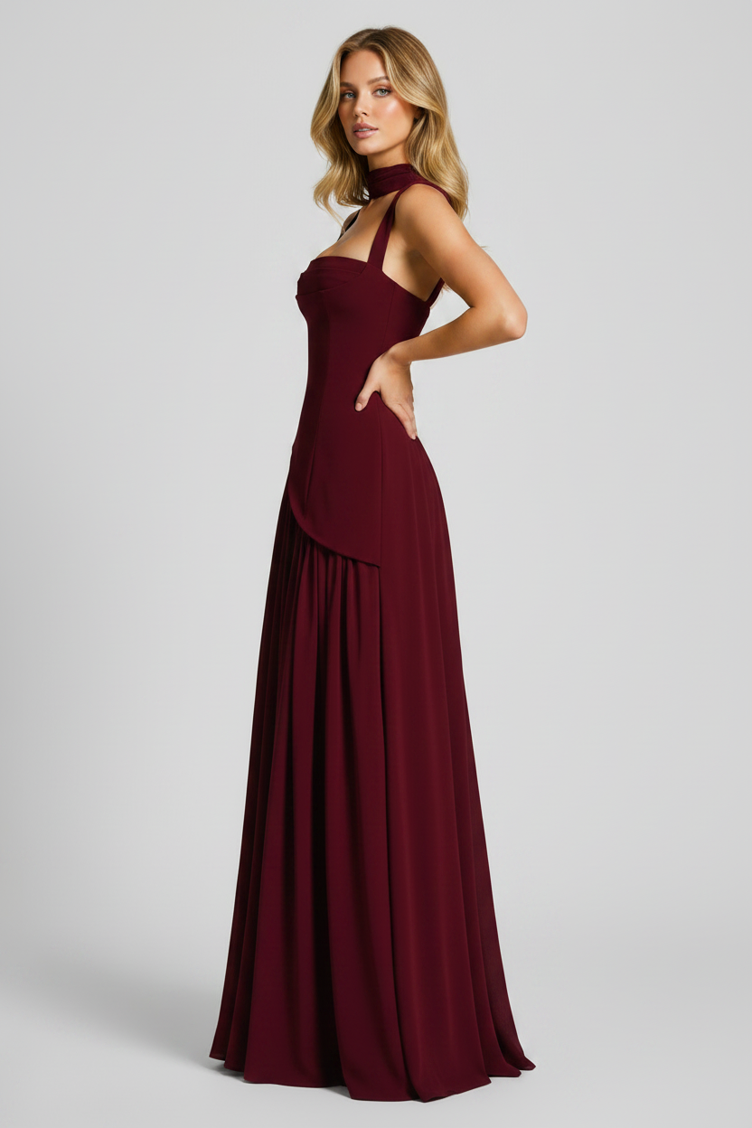 Women’s Satin Feel Evening Draped Maxi Dress - Sculpted Silhouette