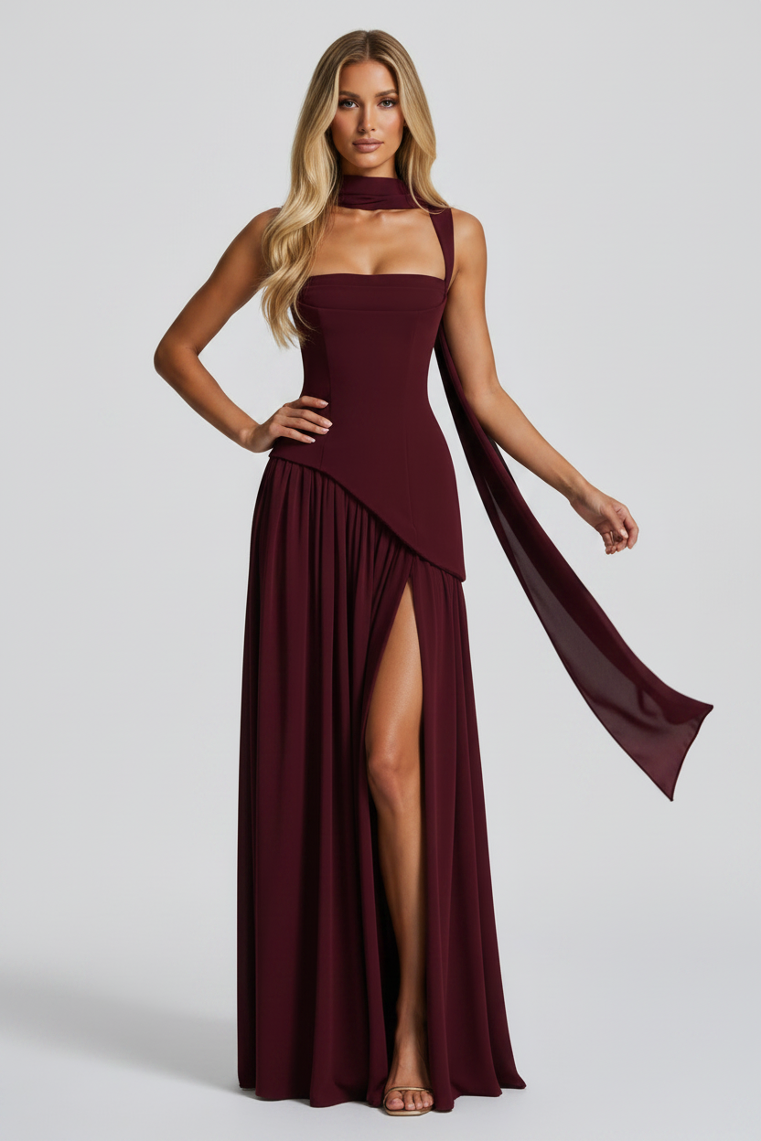 Women’s Satin Feel Evening Draped Maxi Dress - Sculpted Silhouette