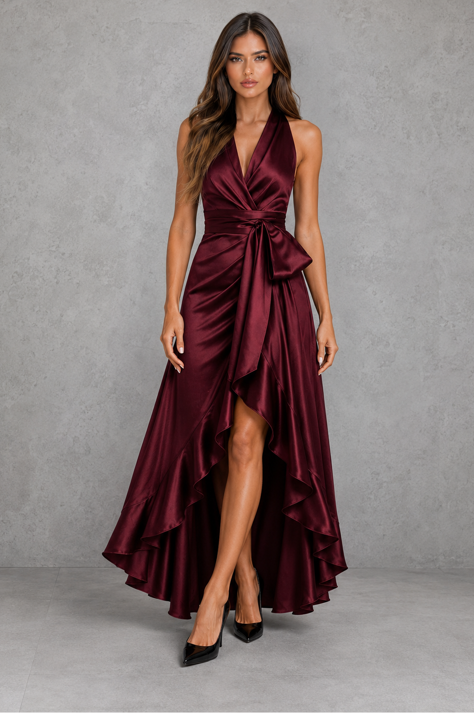 Womenโs satin halter maxi dress with plunging neckline, wrap-style waist, self-tie sash and cascading ruffle hem.