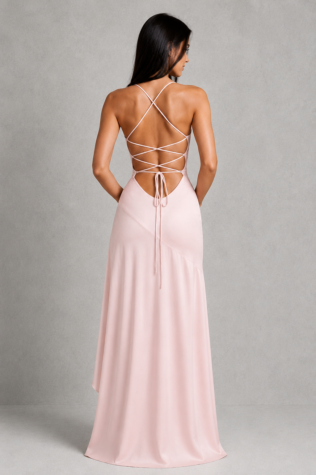 Women's satin high-low maxi dress featuring a twist cowl neckline, adjustable lace-up back, cascading ruffle skirt, and thigh-high split, designed for elegant evening events, weddings, and formal occasions.