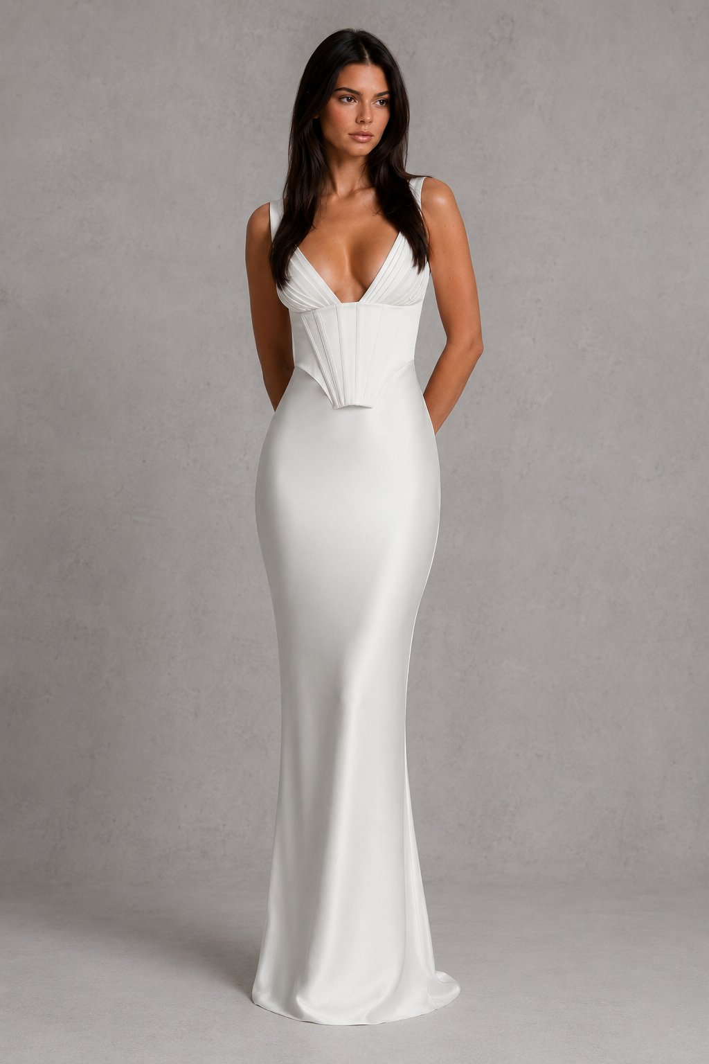 Women's satin maxi dress with a structured corset bodice, pleated cups, fan-shaped shoulder straps, lace-up back, and a flowing bias-cut skirt, designed for elegant evening events and formal occasions.