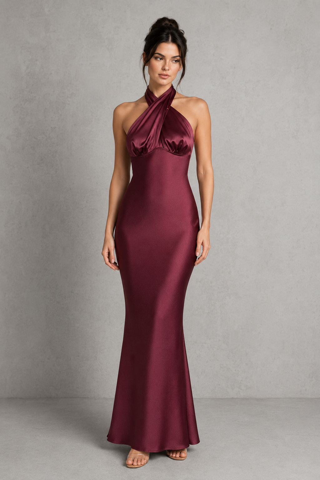 Elegant women's satin maxi dress featuring a high neckline, open back with adjustable tie, and full-length flowing skirt for formal occasions.