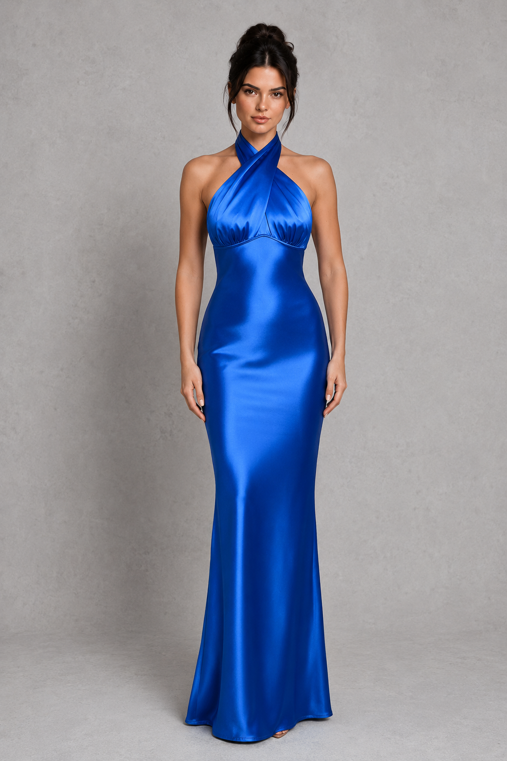 Elegant women's satin maxi dress featuring a high neckline, open back with adjustable tie, and full-length flowing skirt for formal occasions.