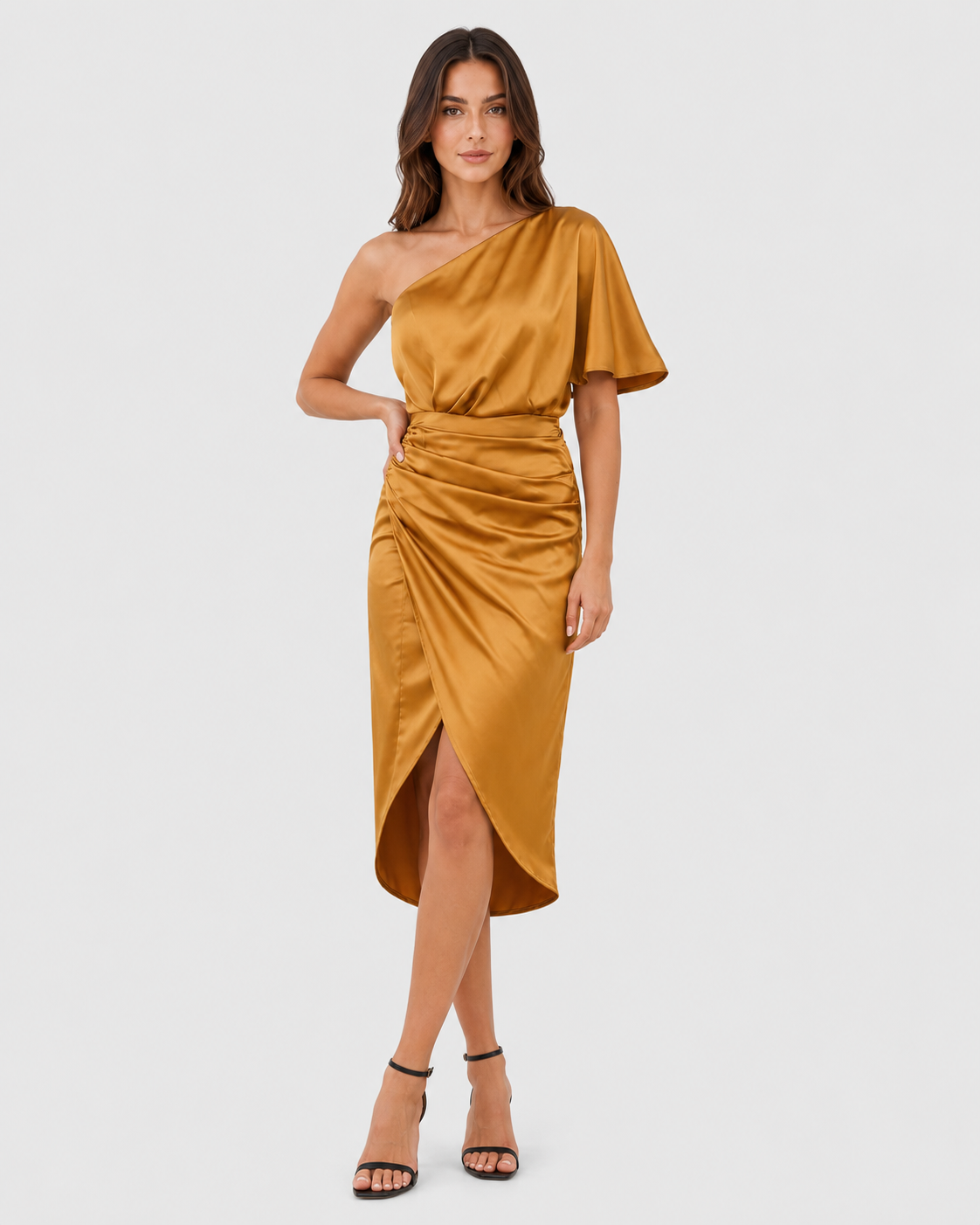 Womenโs satin midi one-shoulder evening dress featuring a smooth satin finish, elegant draped silhouette, and relaxed fit, ideal for evening events and special occasions.