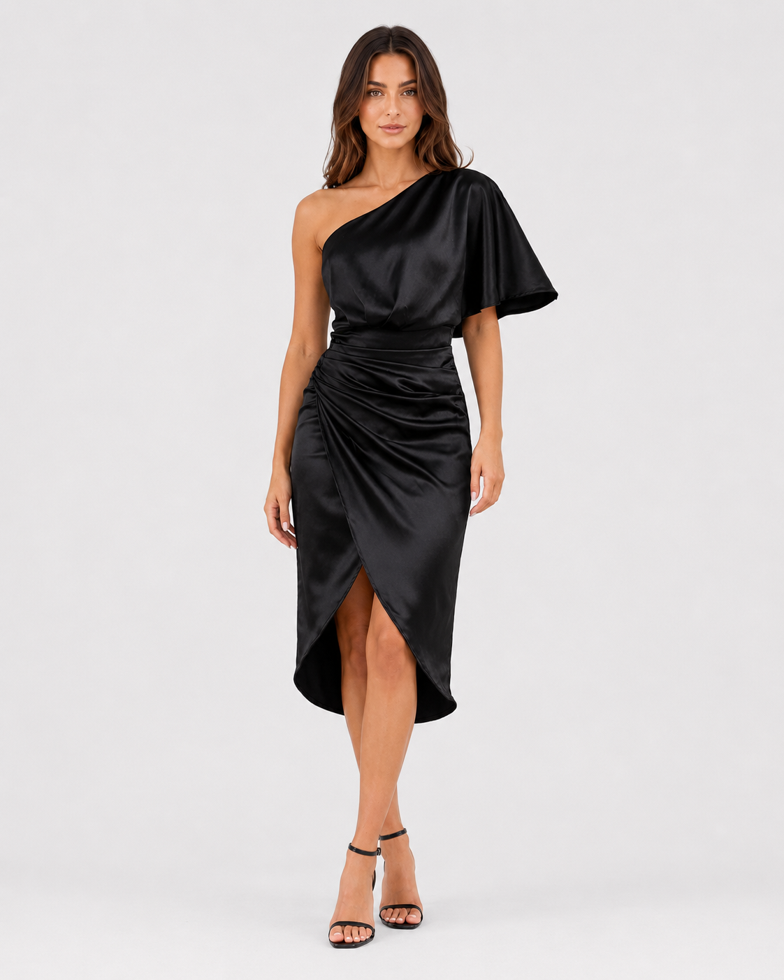 Womenโs satin midi one-shoulder evening dress featuring a smooth satin finish, elegant draped silhouette, and relaxed fit, ideal for evening events and special occasions.