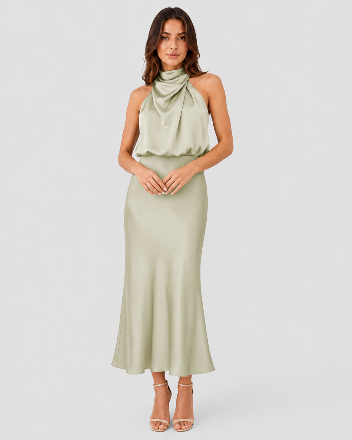 Womenโs satin one-shoulder midi dress featuring a side slit, smooth fabric, and flowing silhouette for an elegant and modern occasion-ready look.