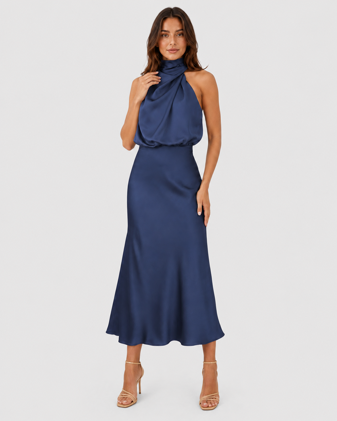 Womenโs satin one-shoulder midi dress featuring a side slit, smooth fabric, and flowing silhouette for an elegant and modern occasion-ready look.