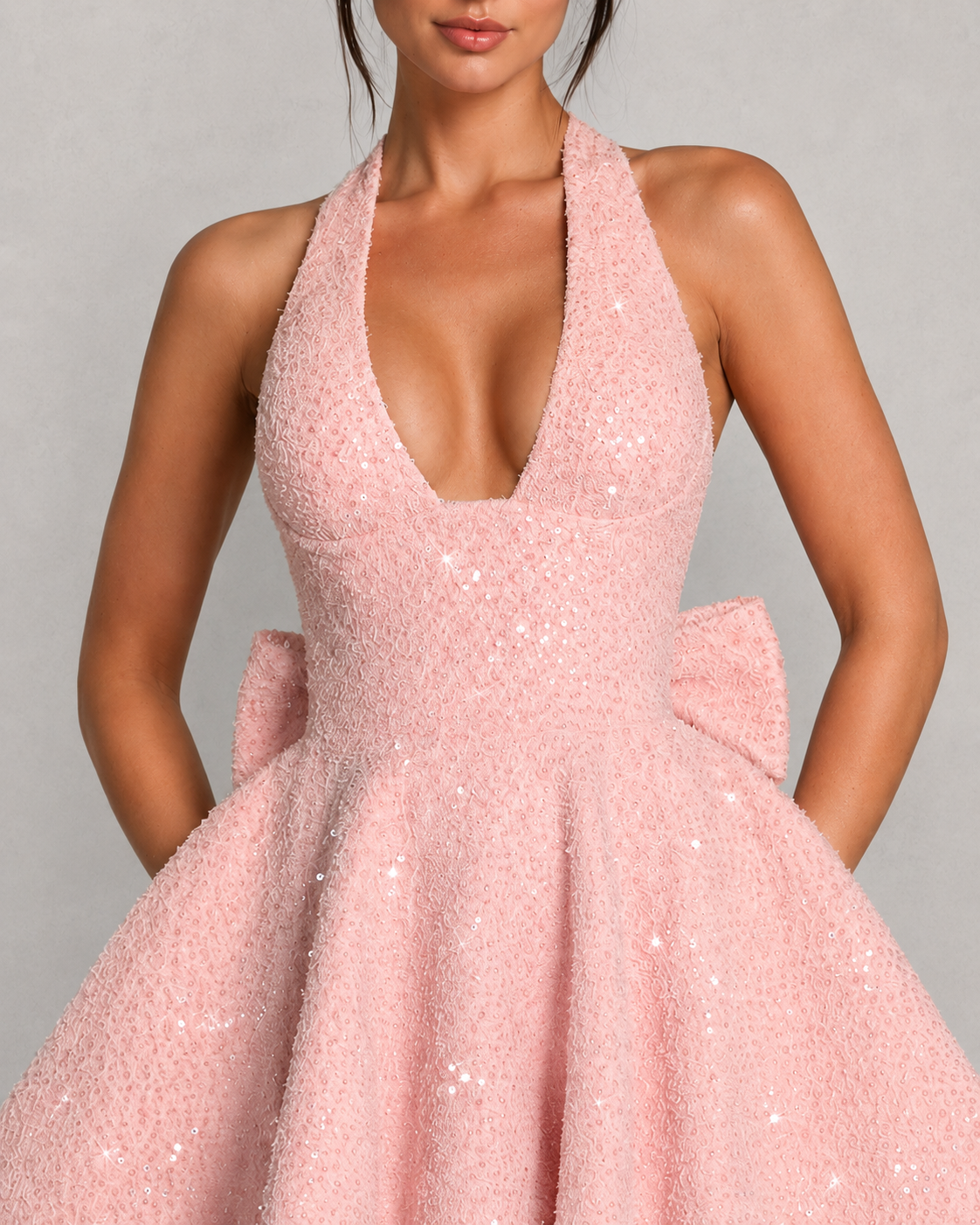 Women’s sequin tweed mini dress featuring a halter neckline, structured mono-underwire bodice, full circular skirt, and oversized detachable bow at the back, designed for parties, weddings, and special occasions.