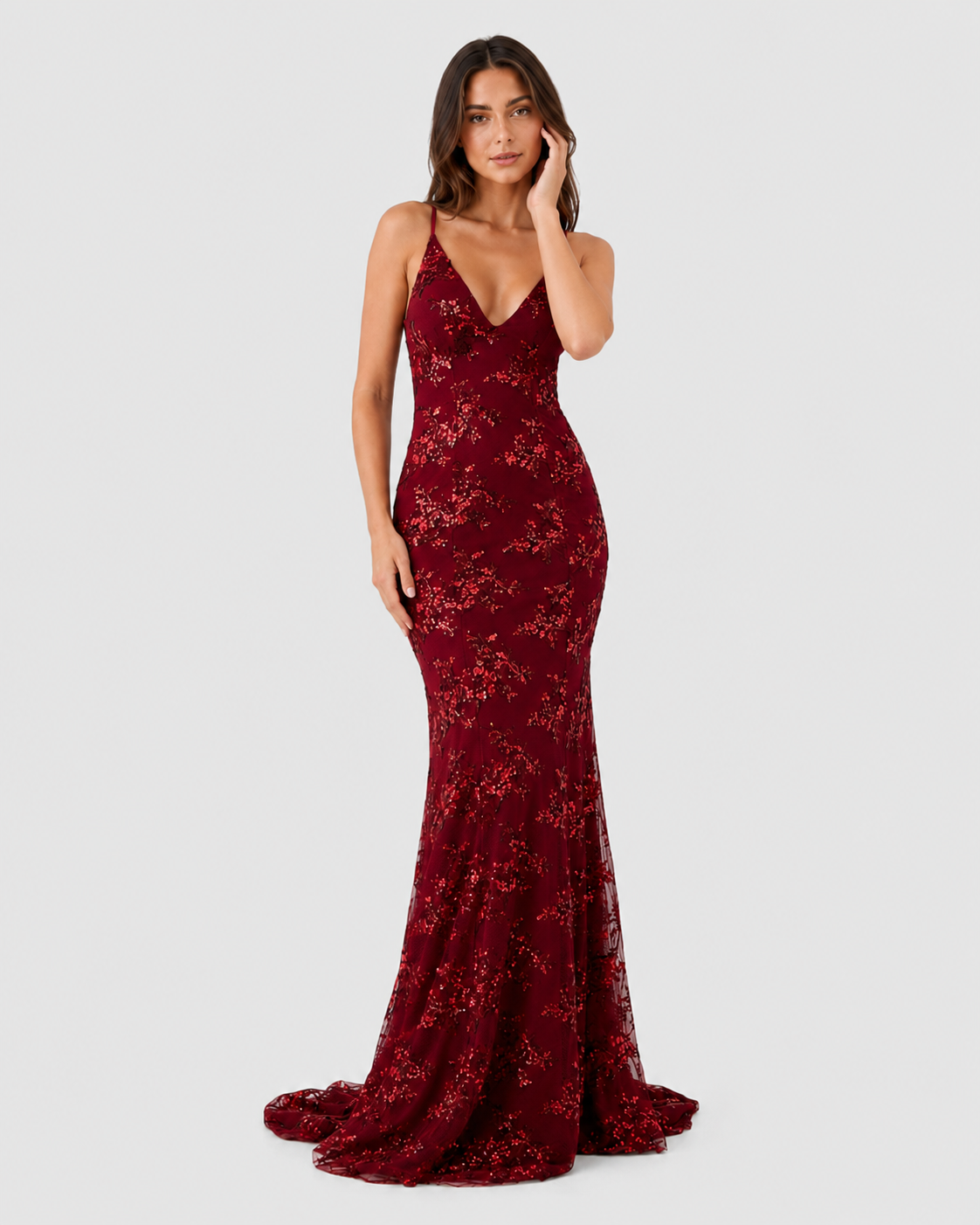 Women’s sequin V-neck fitted evening maxi dress with a sleek silhouette, subtle sparkling embellishments, and floor-length design, ideal for formal occasions and evening events.