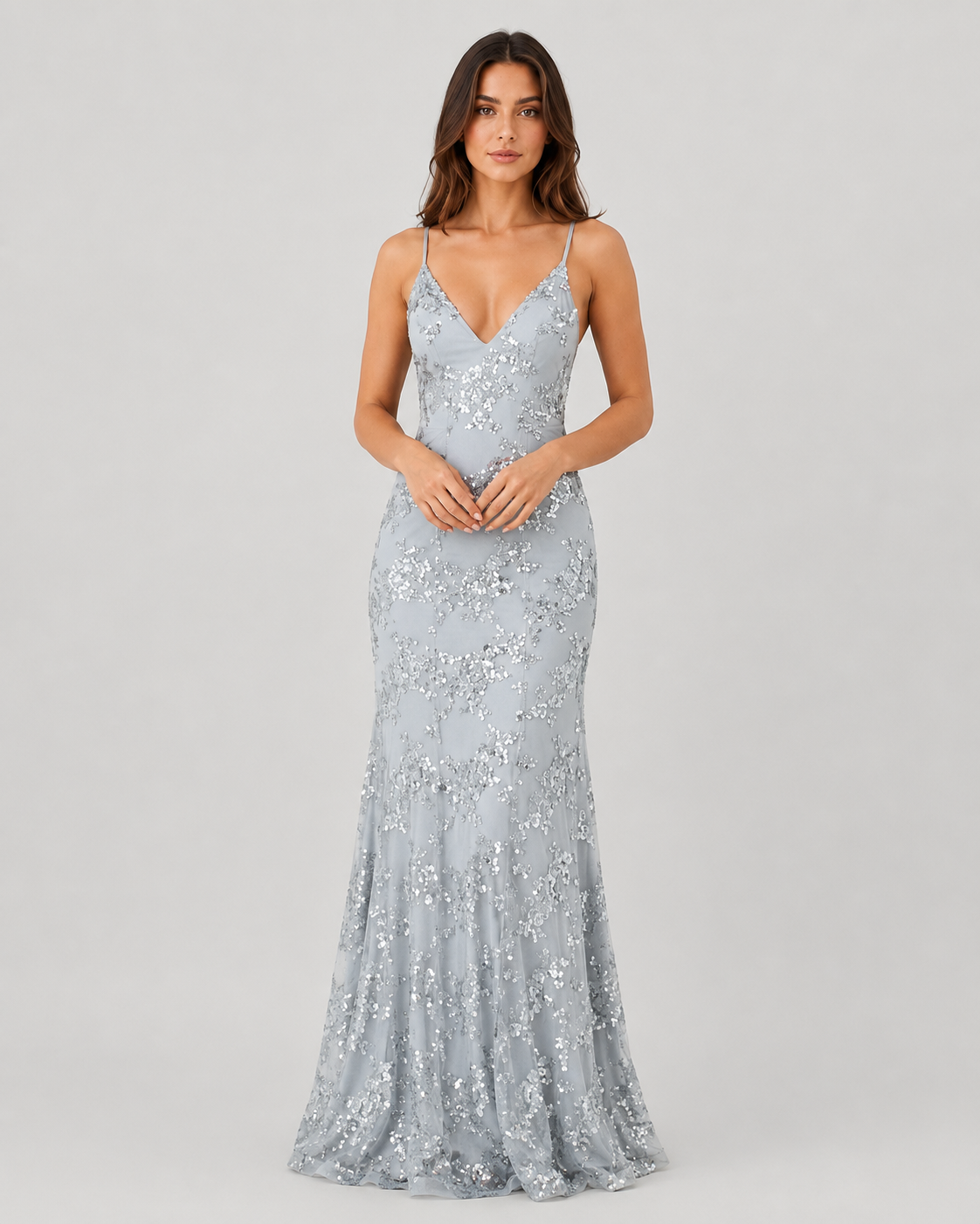 Women’s sequin V-neck fitted evening maxi dress with a sleek silhouette, subtle sparkling embellishments, and floor-length design, ideal for formal occasions and evening events.