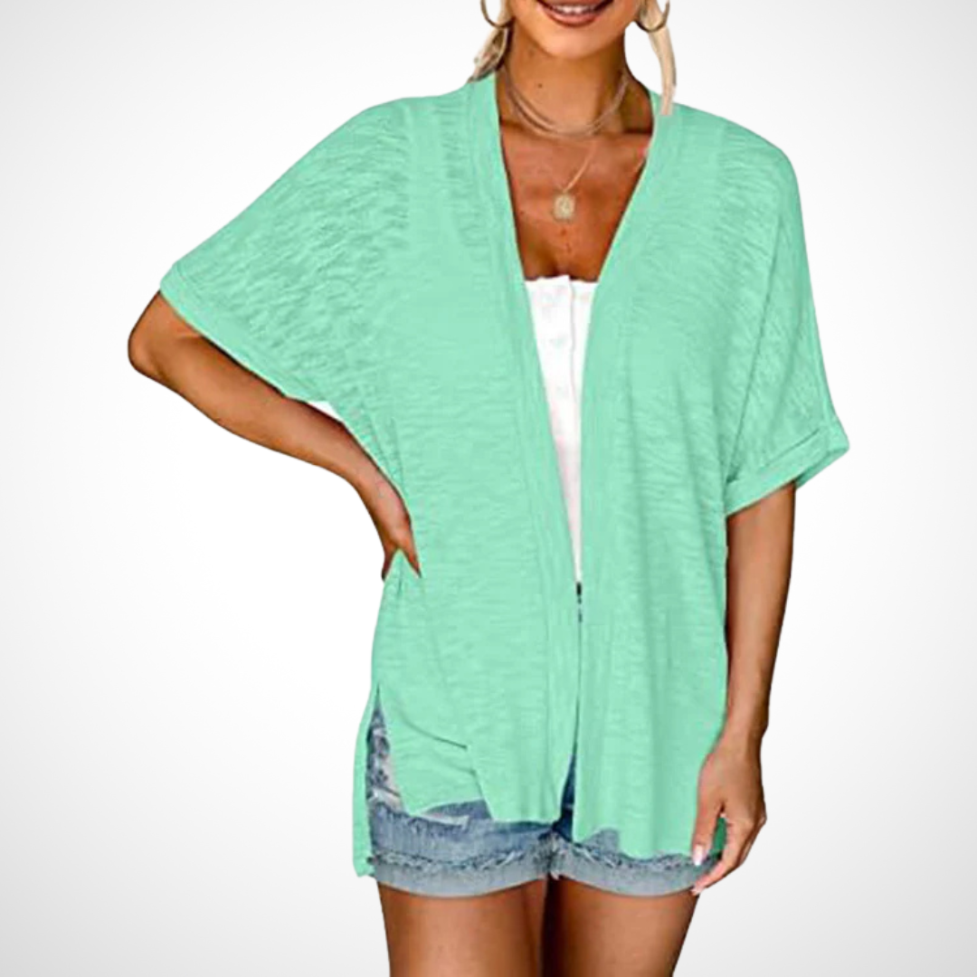 Women’s short-sleeve cardigan with relaxed fit for casual layering