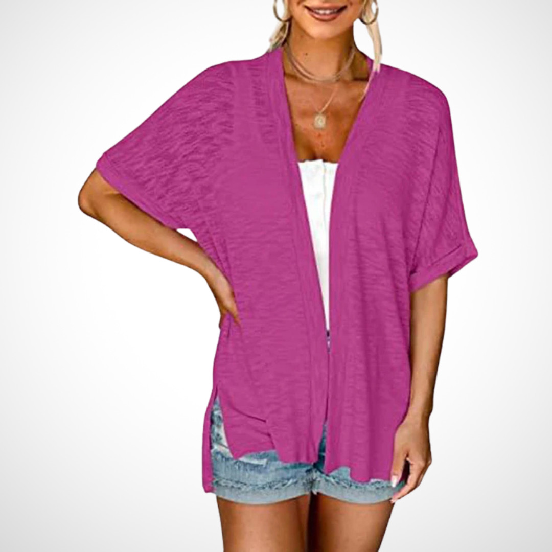 Women’s short-sleeve cardigan with relaxed fit for casual layering