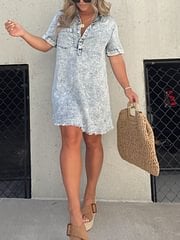 Women's short sleeve denim shirt dress with button front, collar, and relaxed casual fit
