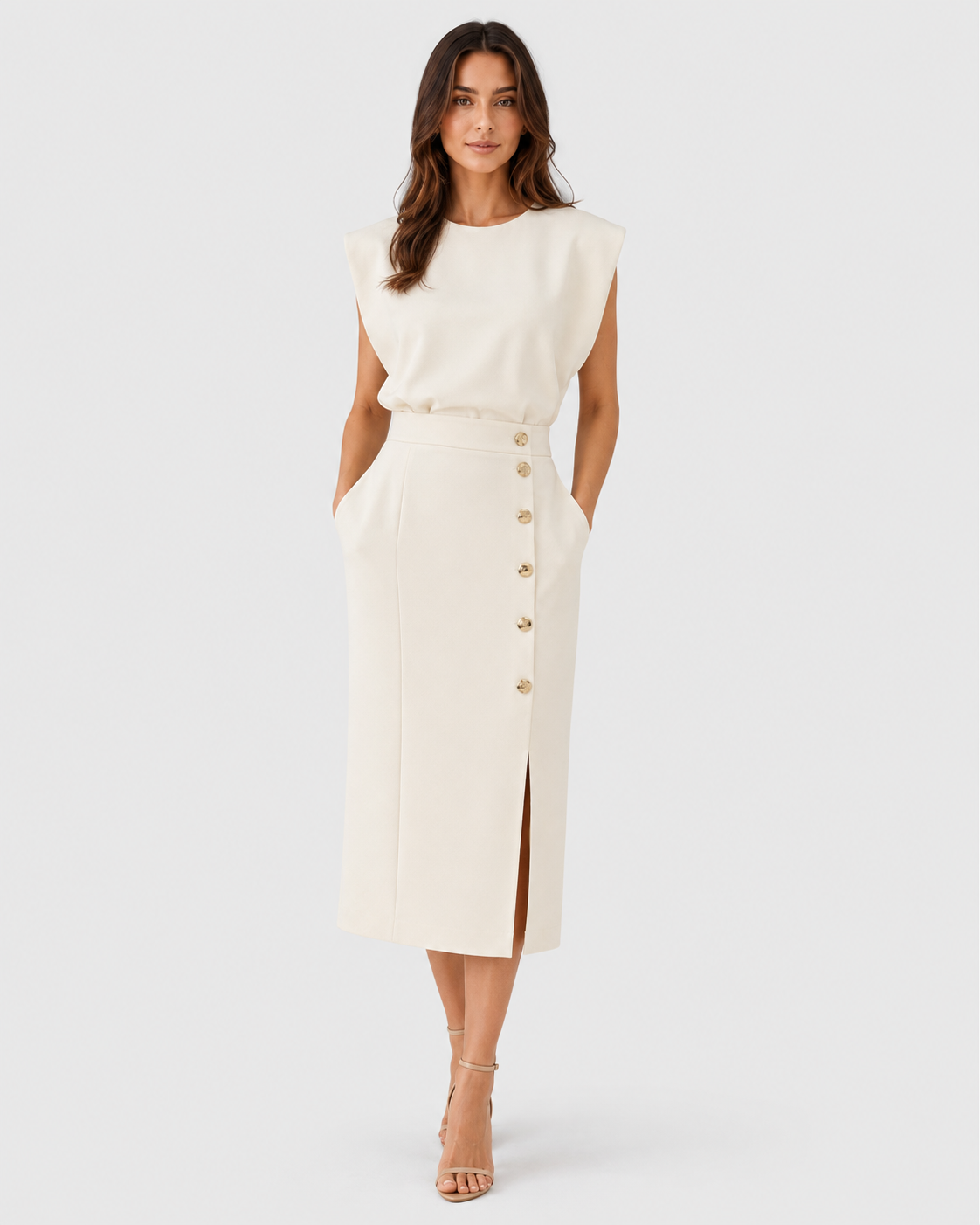 Womenโs Side Slit Waist Detail Midi Dress with a tailored silhouette, defined waistline, and side slit detail, crafted from a lightweight woven polyester blend for elegant everyday and occasion wear.