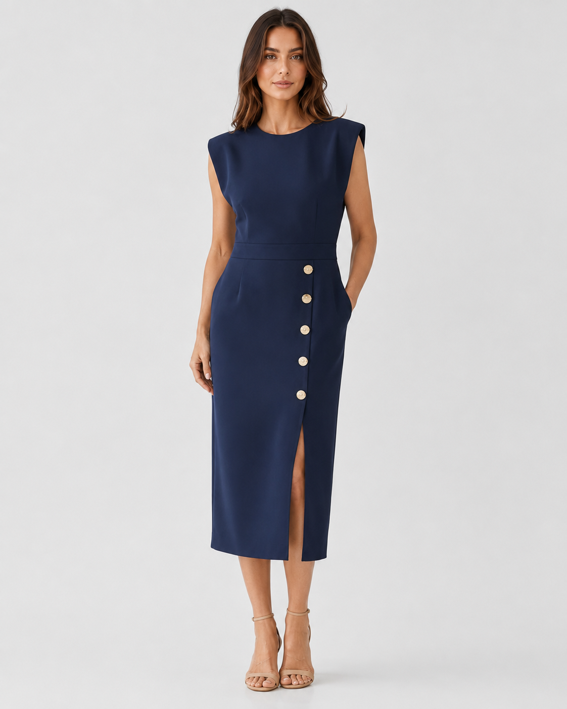 Womenโs Side Slit Waist Detail Midi Dress with a tailored silhouette, defined waistline, and side slit detail, crafted from a lightweight woven polyester blend for elegant everyday and occasion wear.