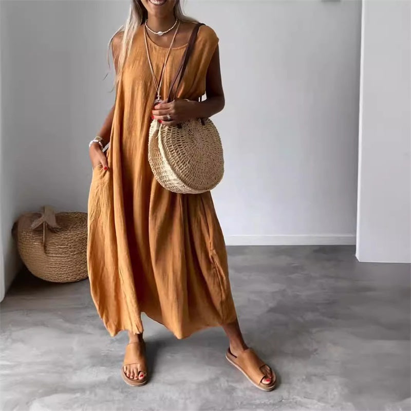 Women's sleeveless cotton linen dress with pockets and relaxed breathable summer fit
