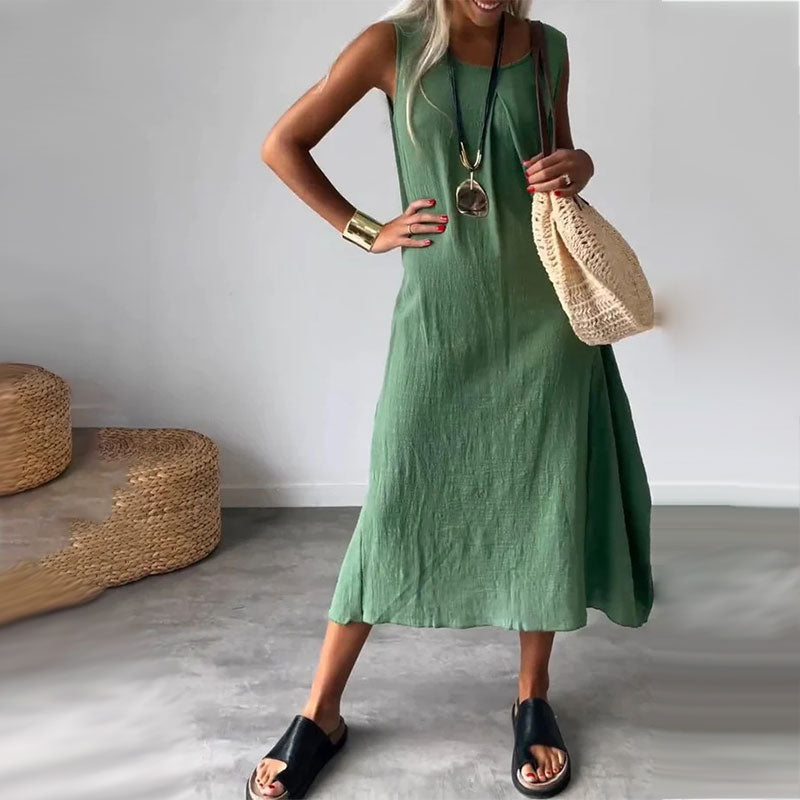 Women's sleeveless cotton linen dress with pockets and relaxed breathable summer fit
