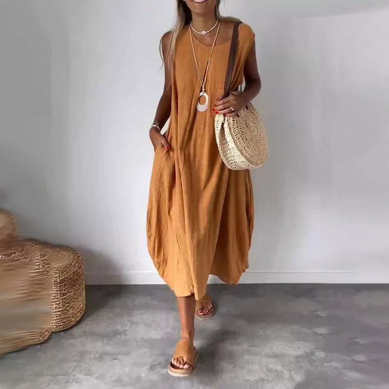 Women's sleeveless cotton linen dress with pockets and relaxed breathable summer fit