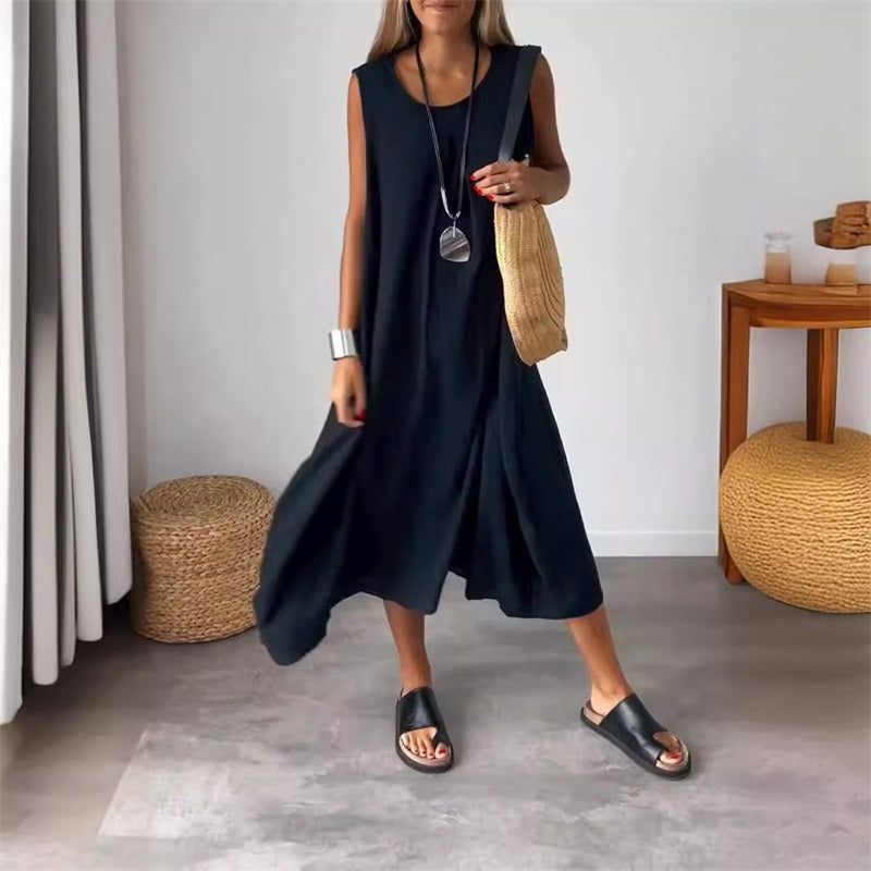 Women's sleeveless cotton linen dress with pockets and relaxed breathable summer fit