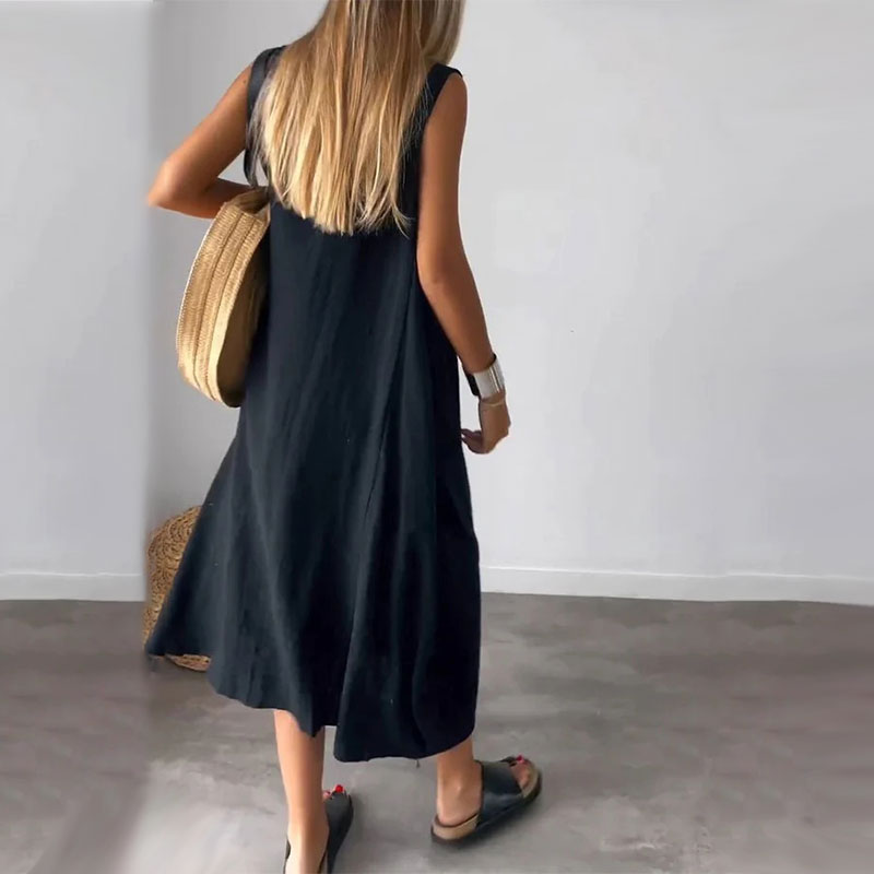 Women's sleeveless cotton linen dress with pockets and relaxed breathable summer fit