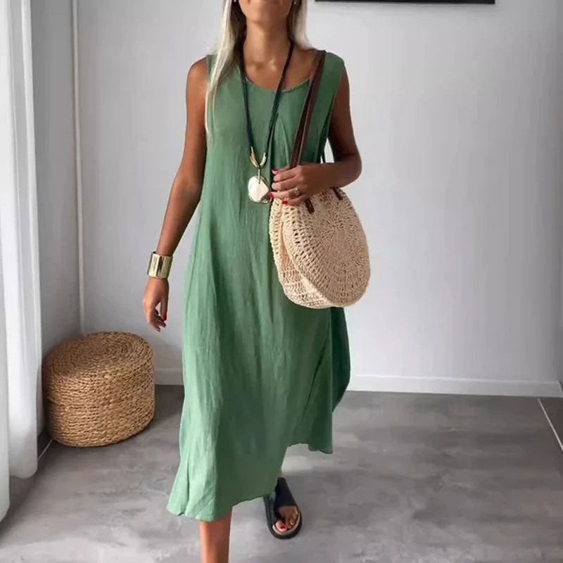 Women's sleeveless cotton linen dress with pockets and relaxed breathable summer fit