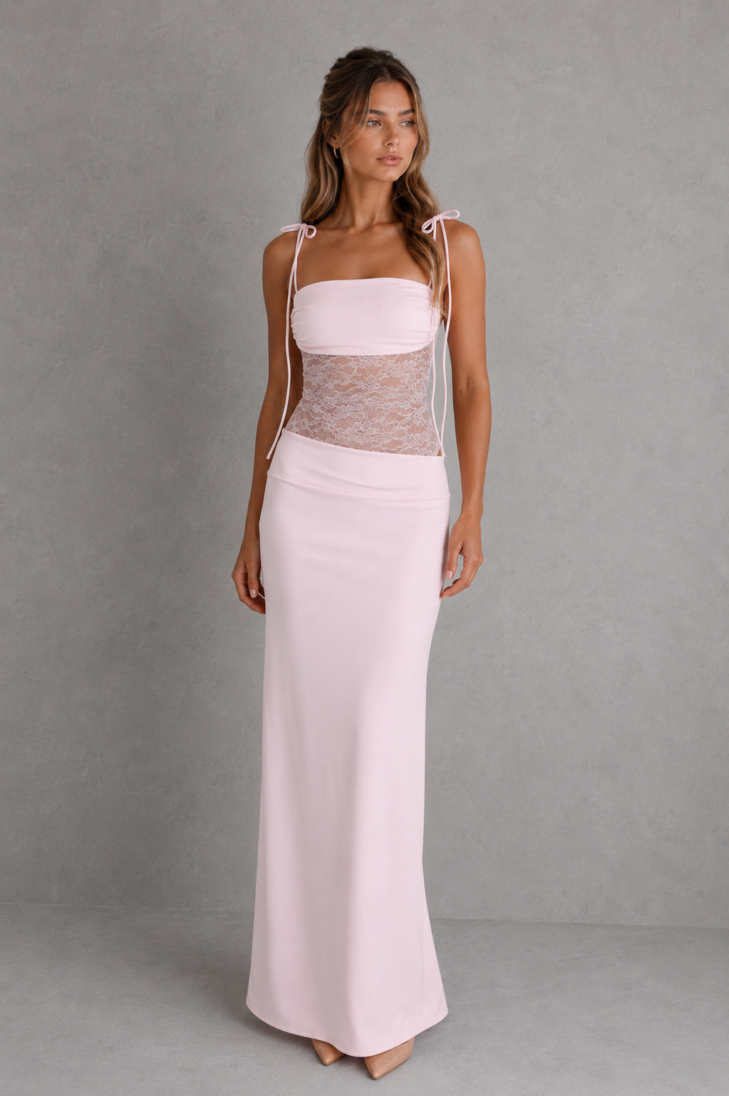 Women's sleeveless lace panel cut-out maxi dress featuring a fitted bodycon bodice, elegant neckline, delicate lace patchwork details, and a flowing maxi-length skirt, ideal for evening events, formal occasions, and special celebrations.