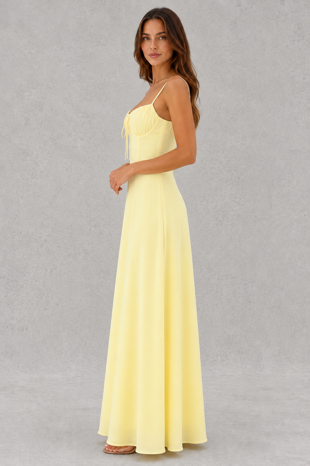 Women’s sleeveless maxi dress with adjustable lace-up front detail, fitted bodice, and flowing floor-length skirt, ideal for summer holidays, garden parties, beach events, and occasion wear.