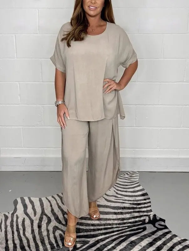 Women's sleeveless two piece pants set with matching top and relaxed lightweight summer fit