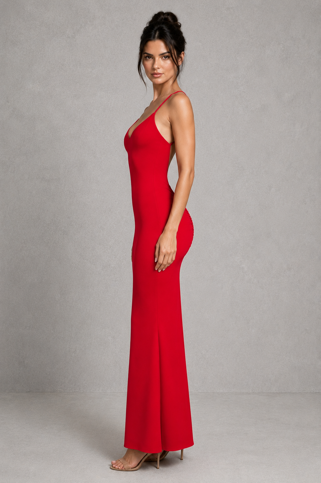 Women's slinky maxi dress with triangle cup bodice, adjustable crossover straps, low V-shaped back, ruched detailing, and a fitted silhouette that flares into a floor-length skirt for elegant evening and formal occasions.
