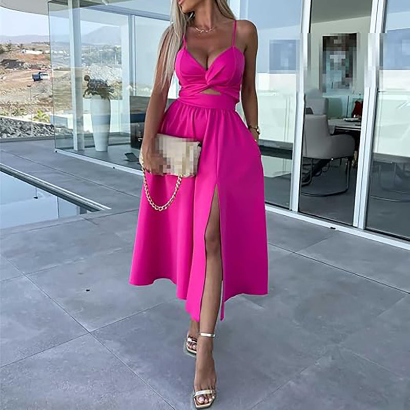 Womenโs spaghetti strap slit midi dress with cut out front and fitted silhouette for evening and event wear