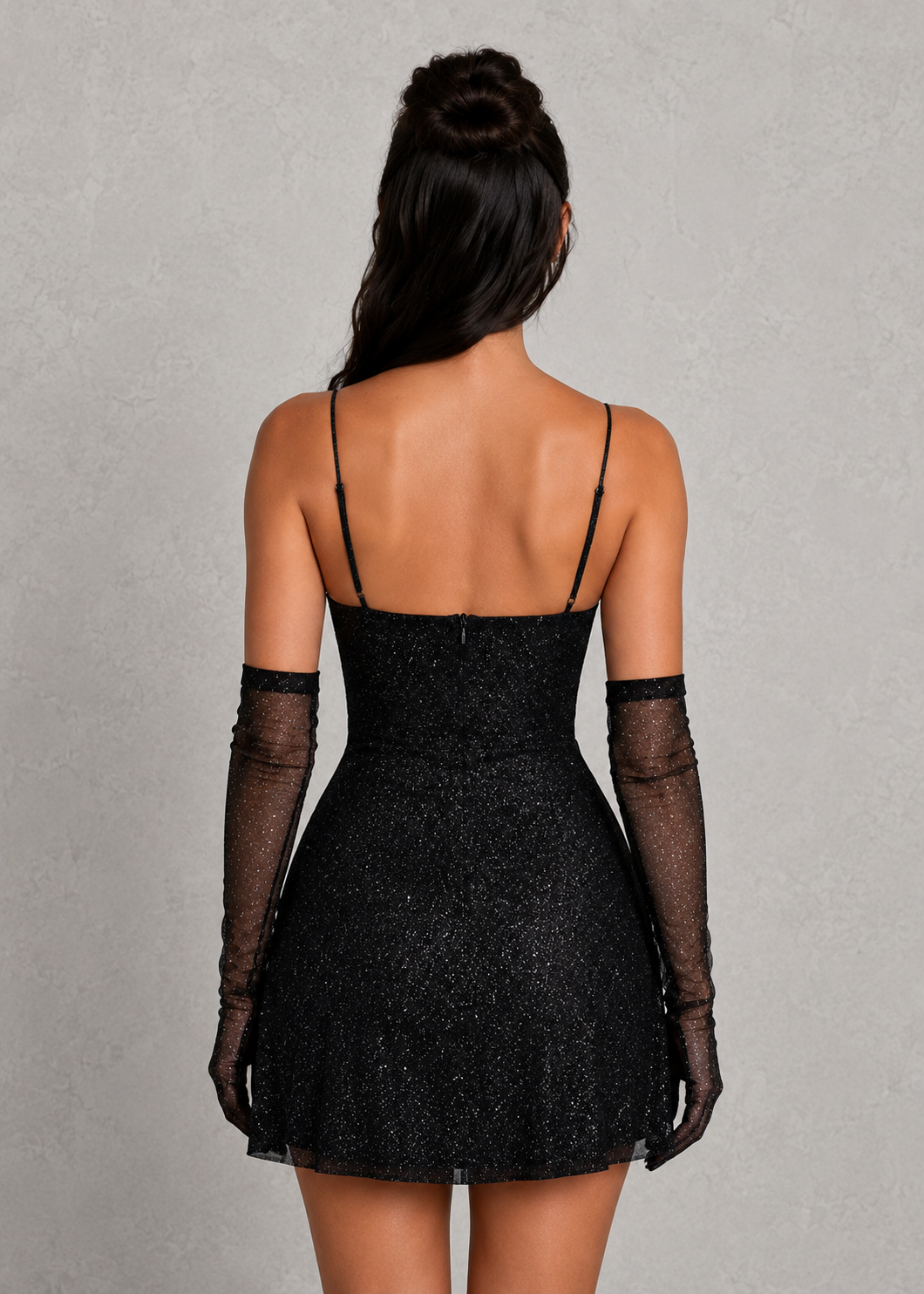 Women's sparkle mesh mini dress with a body-hugging silhouette, underwired bust cups, ultra-thin shoulder straps, a subtly flared skirt, and a side leg split, designed for parties, evening events, and special occasions.